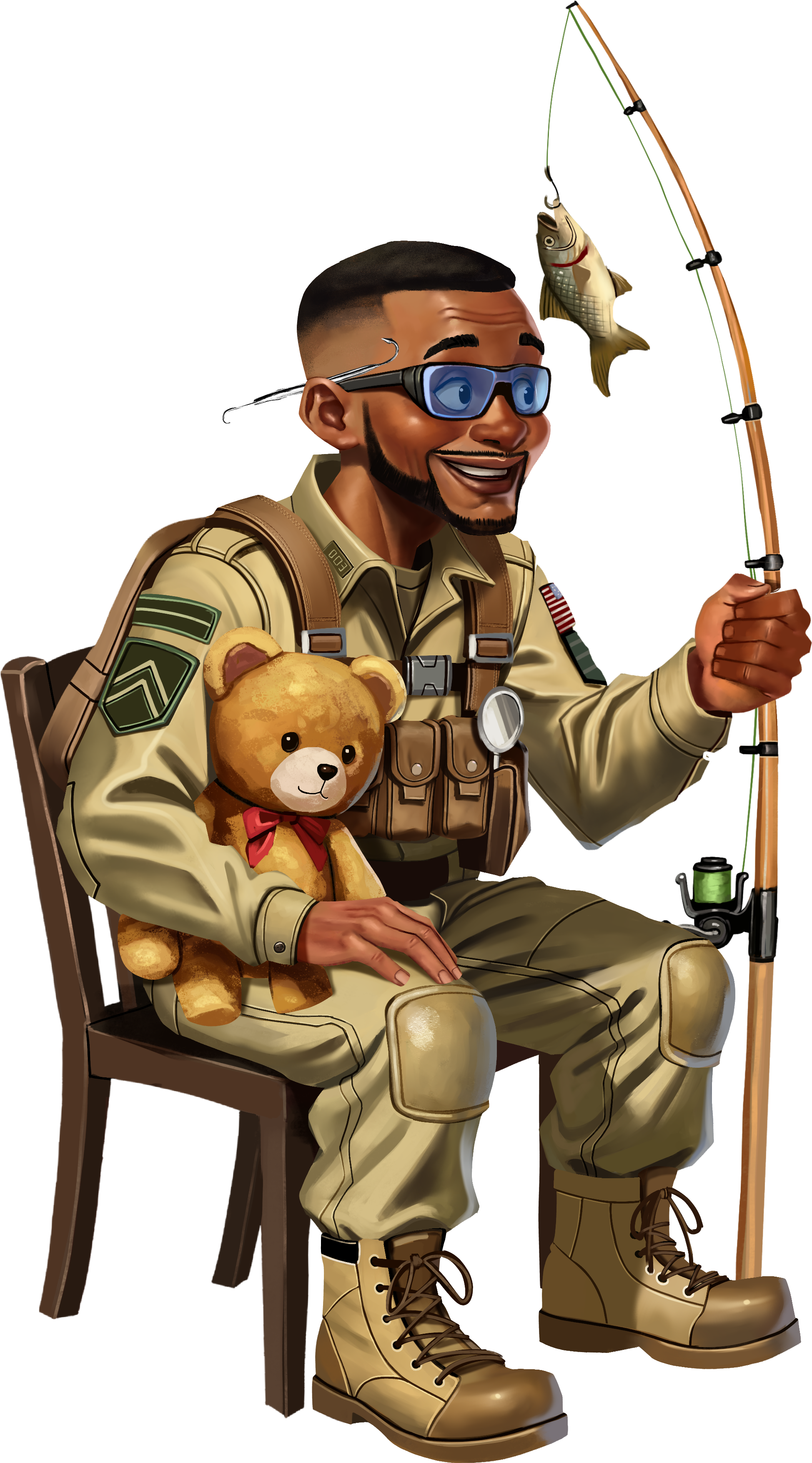 Illustration of a smiling man in a beige military uniform and boots, wearing glasses and holding a fishing rod, sitting on a chair with a teddy bear on his lap. The teddy bear has a red bow. In the background, there is fishing equipment and a fish hanging from the fishing line.