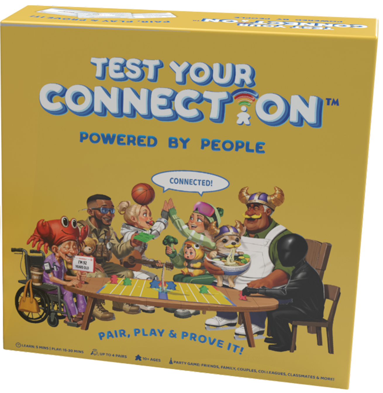 A colorful board game box titled "Test Your Connection, Powered by People" with an illustration of diverse, animated characters playing a game at a table, including a woman with a crab costume, a man with sunglasses, a girl with a skate helmet, a Viking, and a dog, with the caption "Connected!"