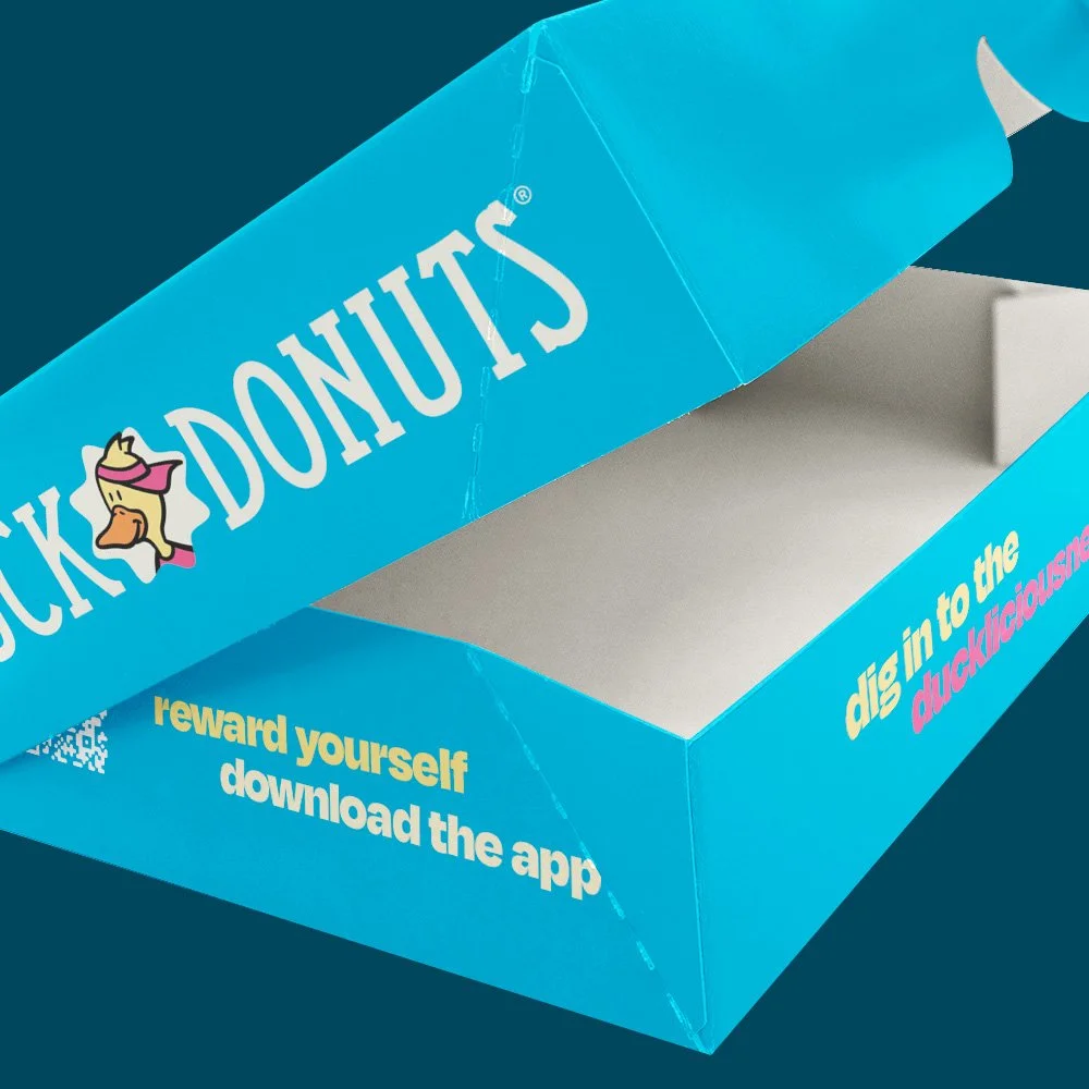 Duck Donuts donut box packaging design closeup
