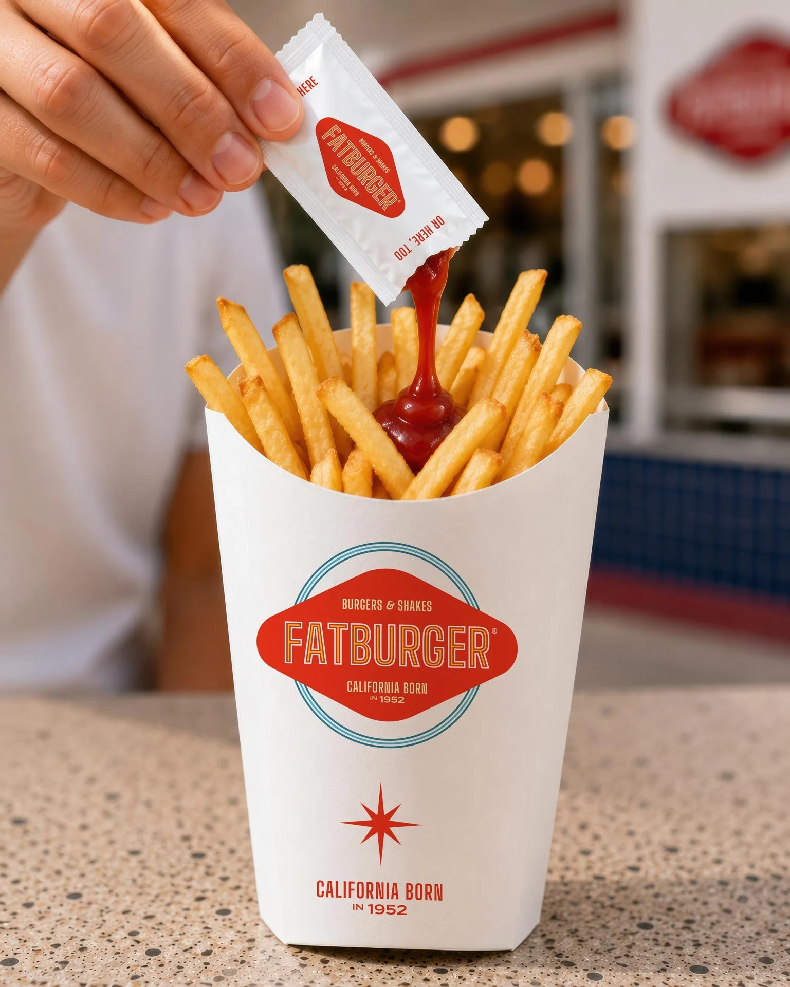 Closeup shot of french fries and a hand pouring a packet of ketchup over them for FATBURGER rebranding package design
