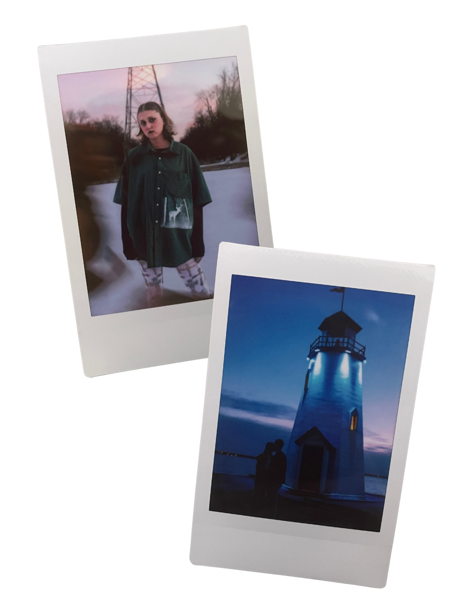 Two Polaroid photos, one showing a young woman standing in a river at sunset with a transmission tower and trees in the background, wearing an oversized shirt and camouflage pants; the other showing a lighthouse at dusk with a couple standing nearby, the lighthouse illuminated against a blue sky.