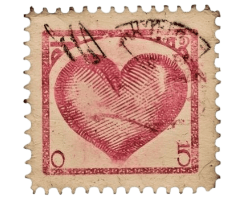 A vintage pink postage stamp featuring a large heart in the center with cancellation marks at the top.