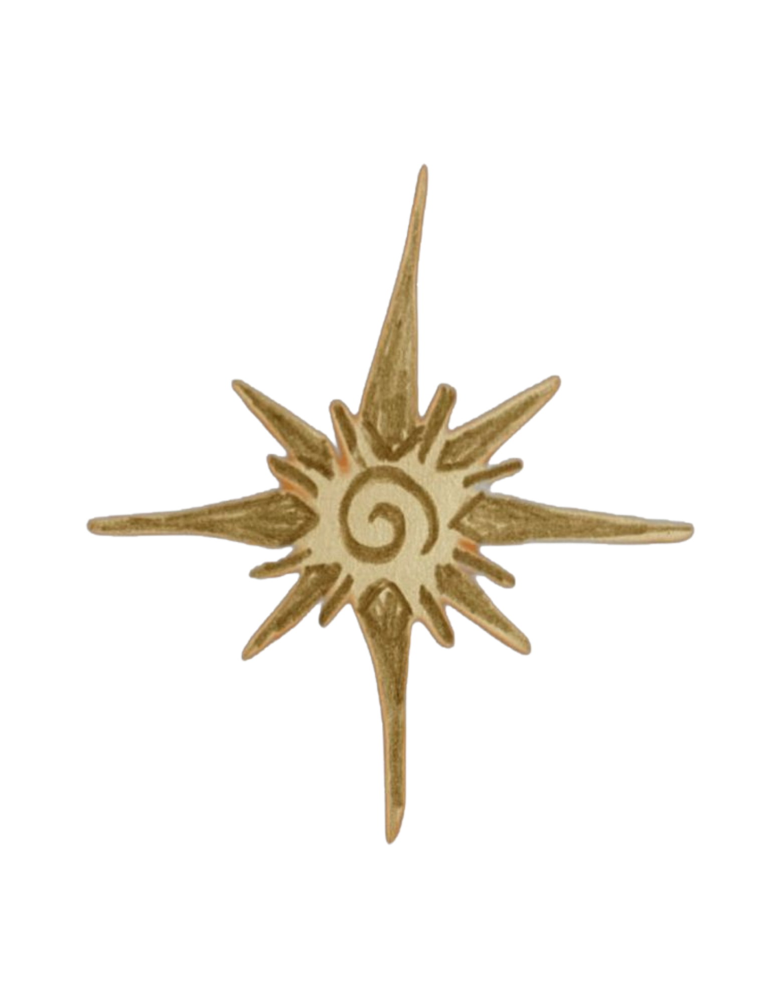 A star-shaped ornament with a spiral design in the center, featuring pointed and elongated tips, in earthy tones.