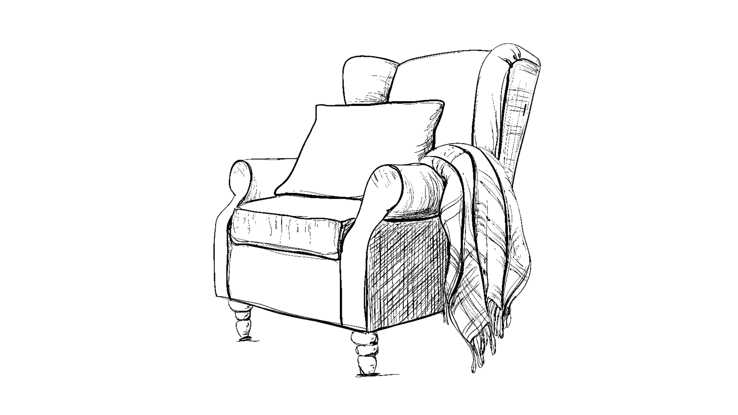 Outline of a plush armchair with a cushion on it, shown against a black background.