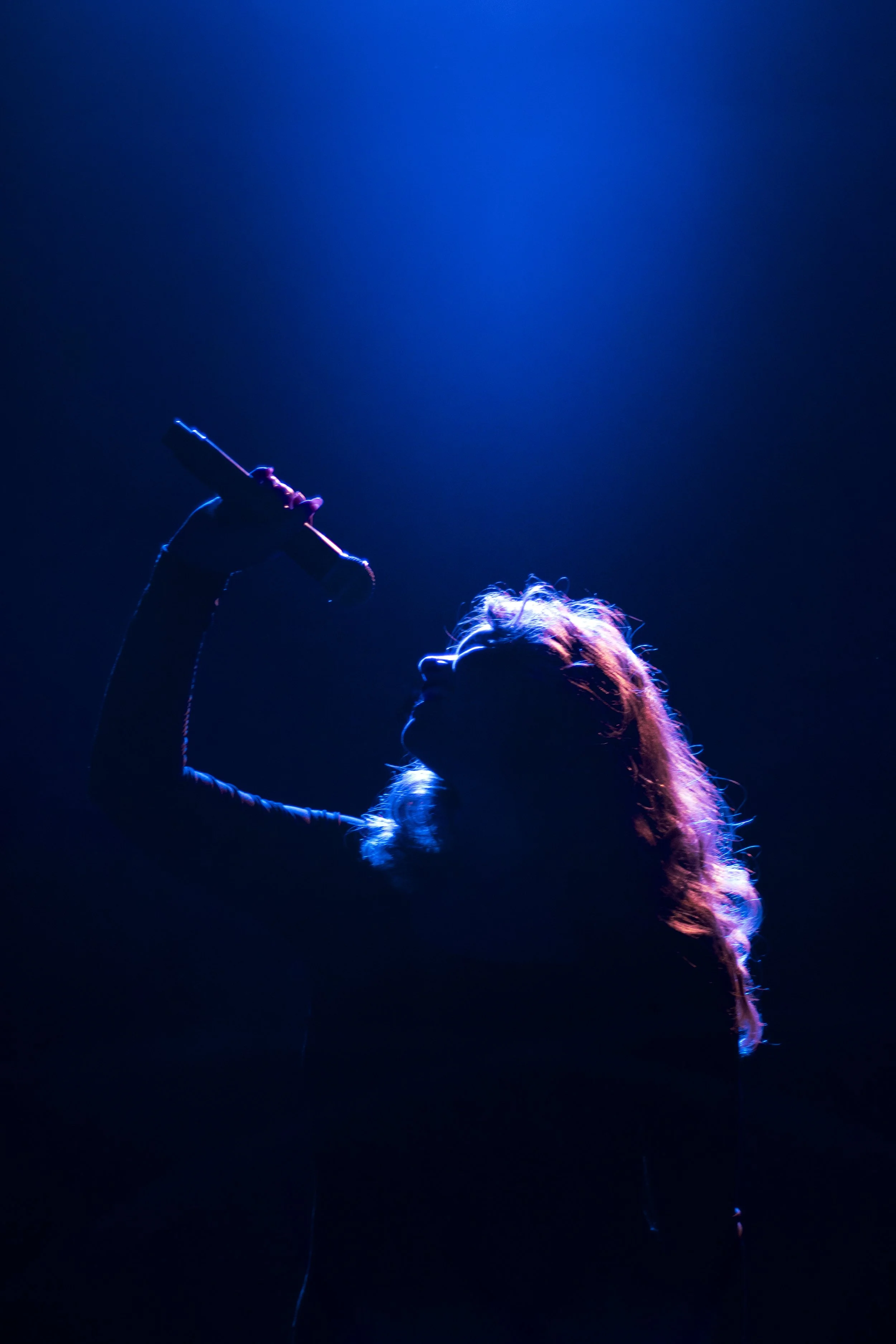 A silhouette of a person singing into a microphone on stage with blue lighting.