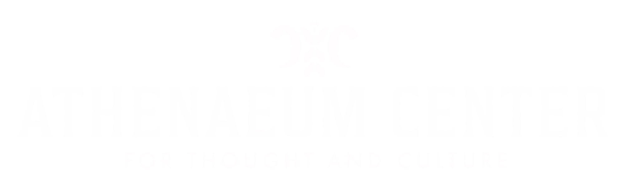 Logo for the Atheum Center with a black background, white text, and decorative symbol above the name. Slogan 'For Thought and Culture' below.