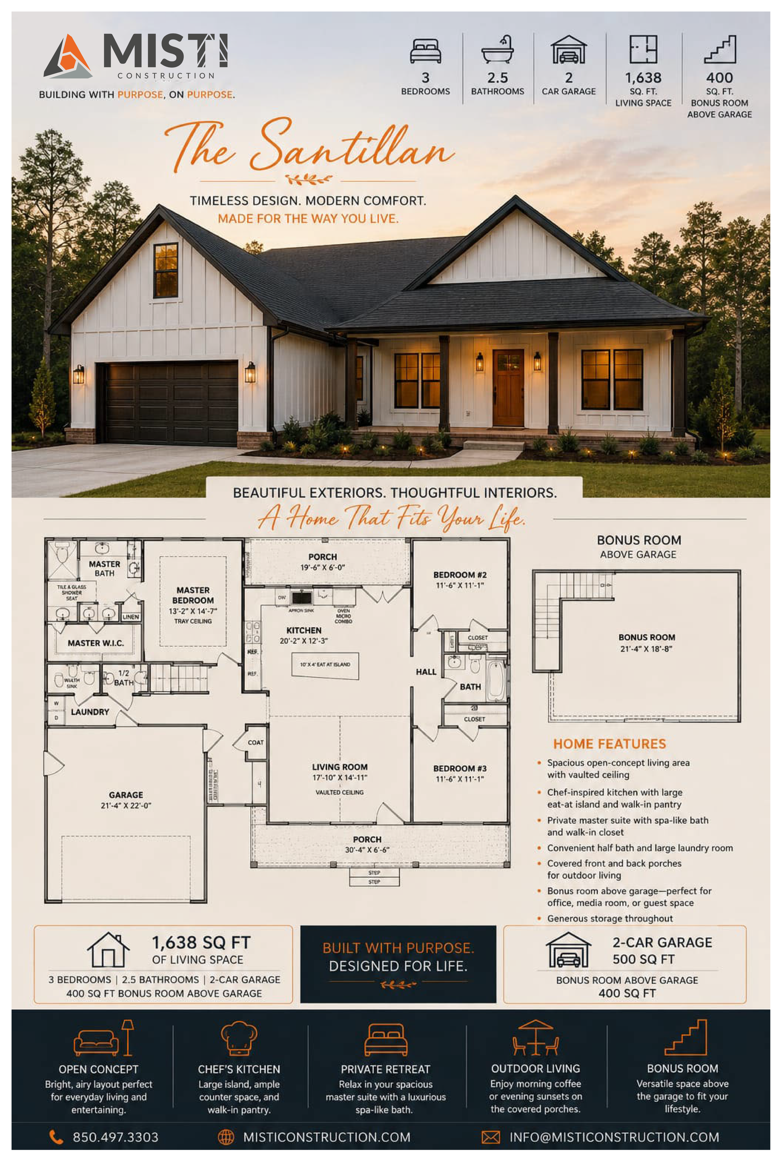 An advertisement for Misti Construction features a modern house called The Santillan with a photo of the house's exterior and floor plans. The house has 3 bedrooms, 2.5 bathrooms, a 2-car garage, 1,638 sq ft of living space, and a 400 sq ft bonus roo