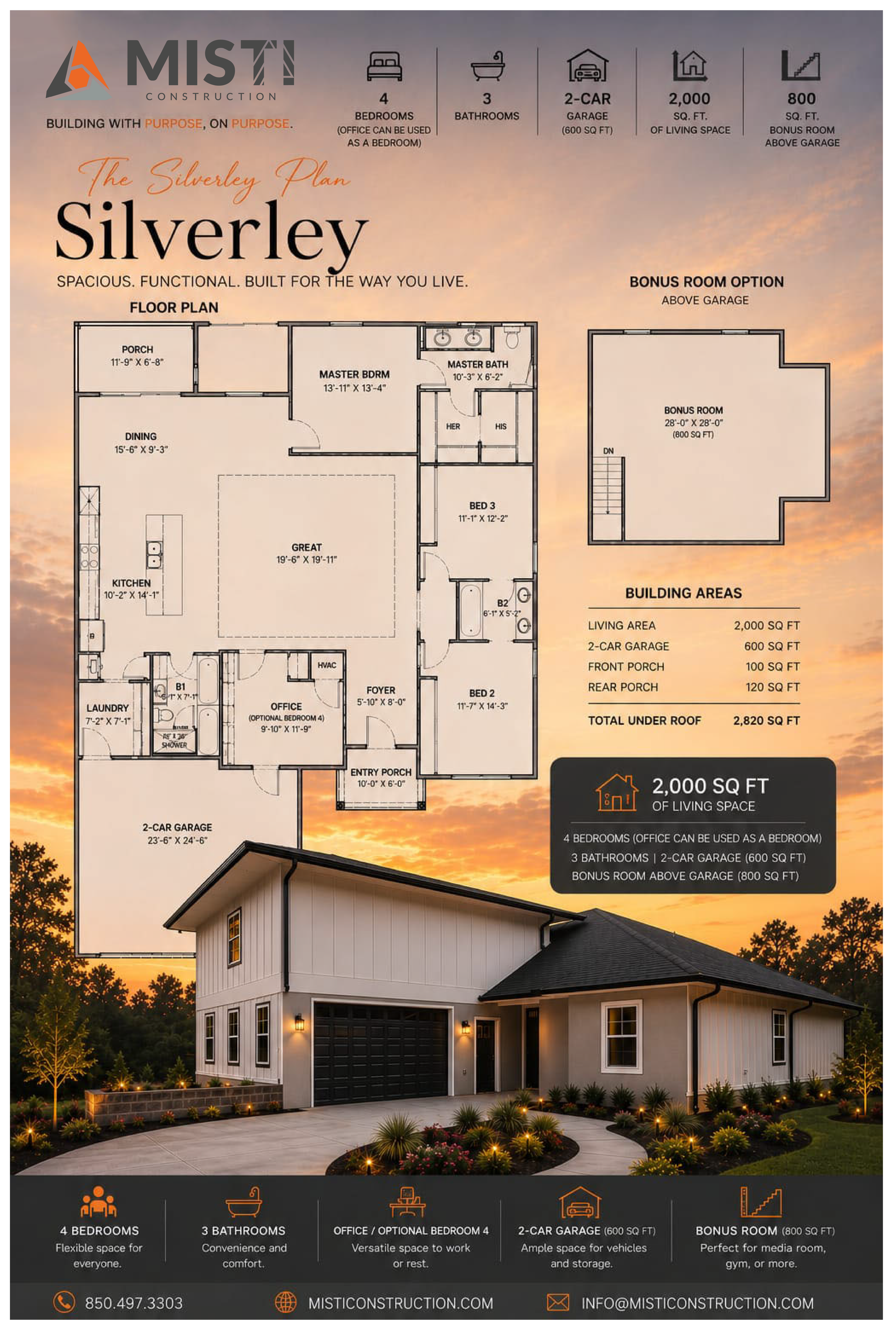 A promotional flyer for Silverley, a residential house plan by MIST Construction, showing the house's floor plan, exterior photo, and details such as four bedrooms, three bathrooms, a two-car garage, a bonus room above the garage, and various living 