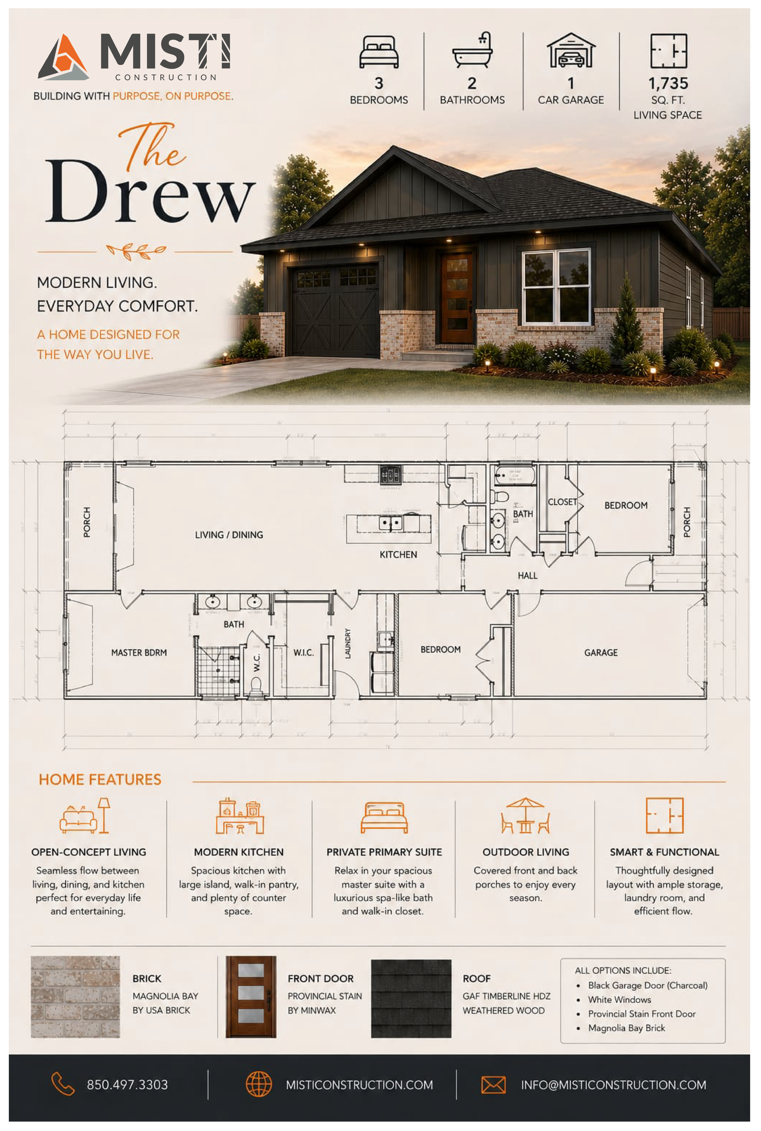 A real estate brochure for a house named The Drew. The brochure features a photo of the house exterior, a floor plan, home features such as open-concept living, modern kitchen, private primary suite, outdoor living, and smart and functional design. I