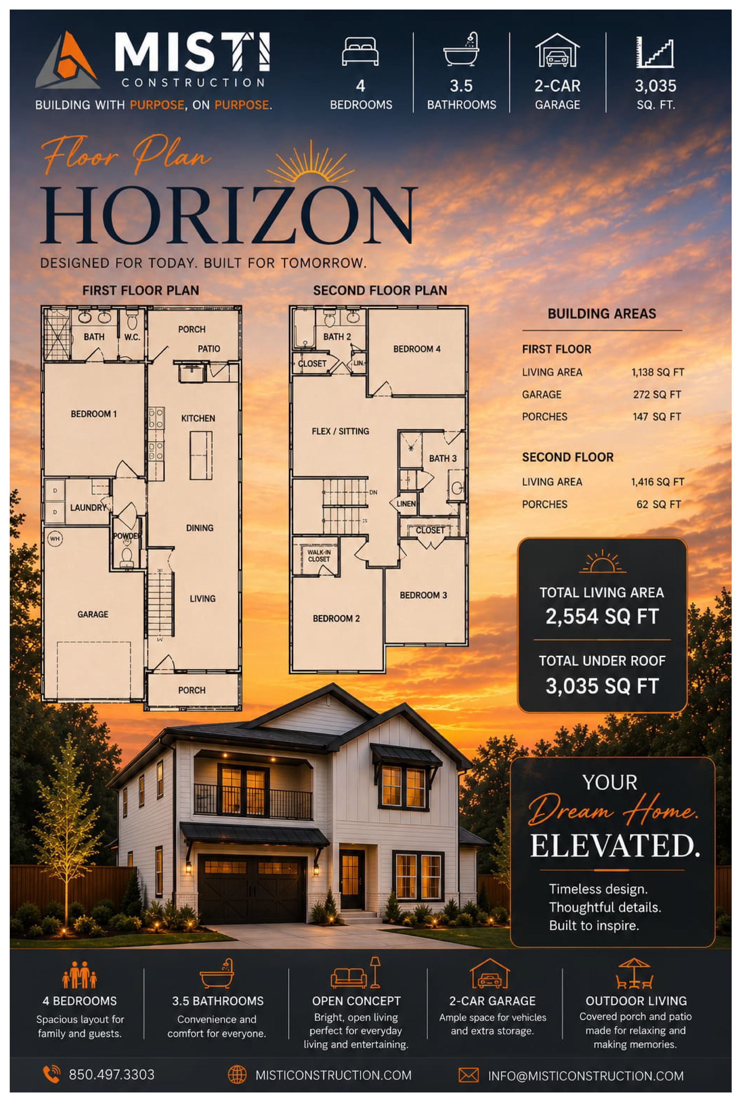 Floor plan and exterior image of a modern two-story house with a garage, featuring sunset sky in the background, showcasing house features and details.