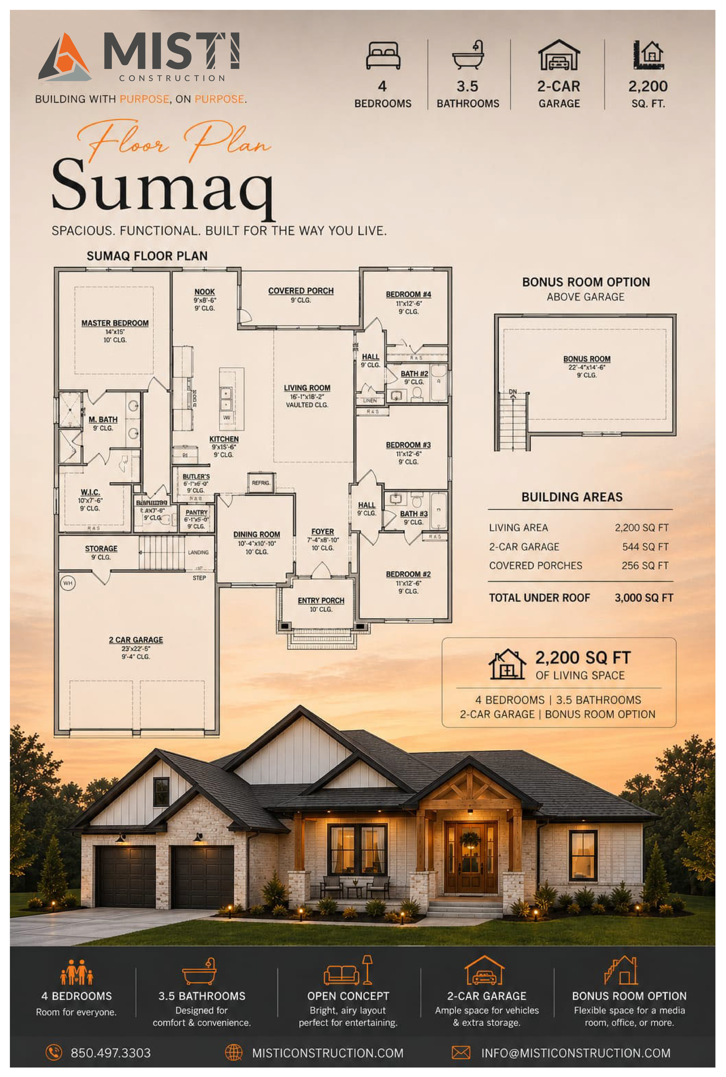 Floor plan layout of a house, showing various rooms including bedrooms, bathrooms, a kitchen, living room, garage, and bonus room, with an exterior photograph of a house at sunset.