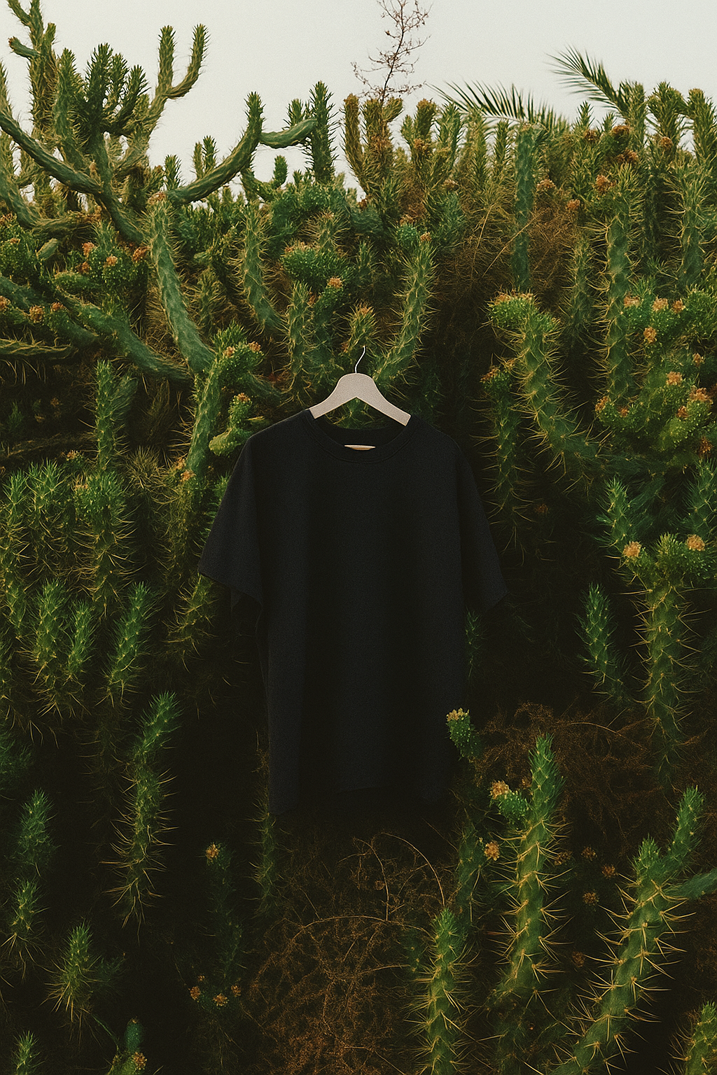 A black T-shirt hanging on a white hanger in front of a dense cluster of tall, green cacti with spines, some with small yellow flowers, under a cloudy sky.