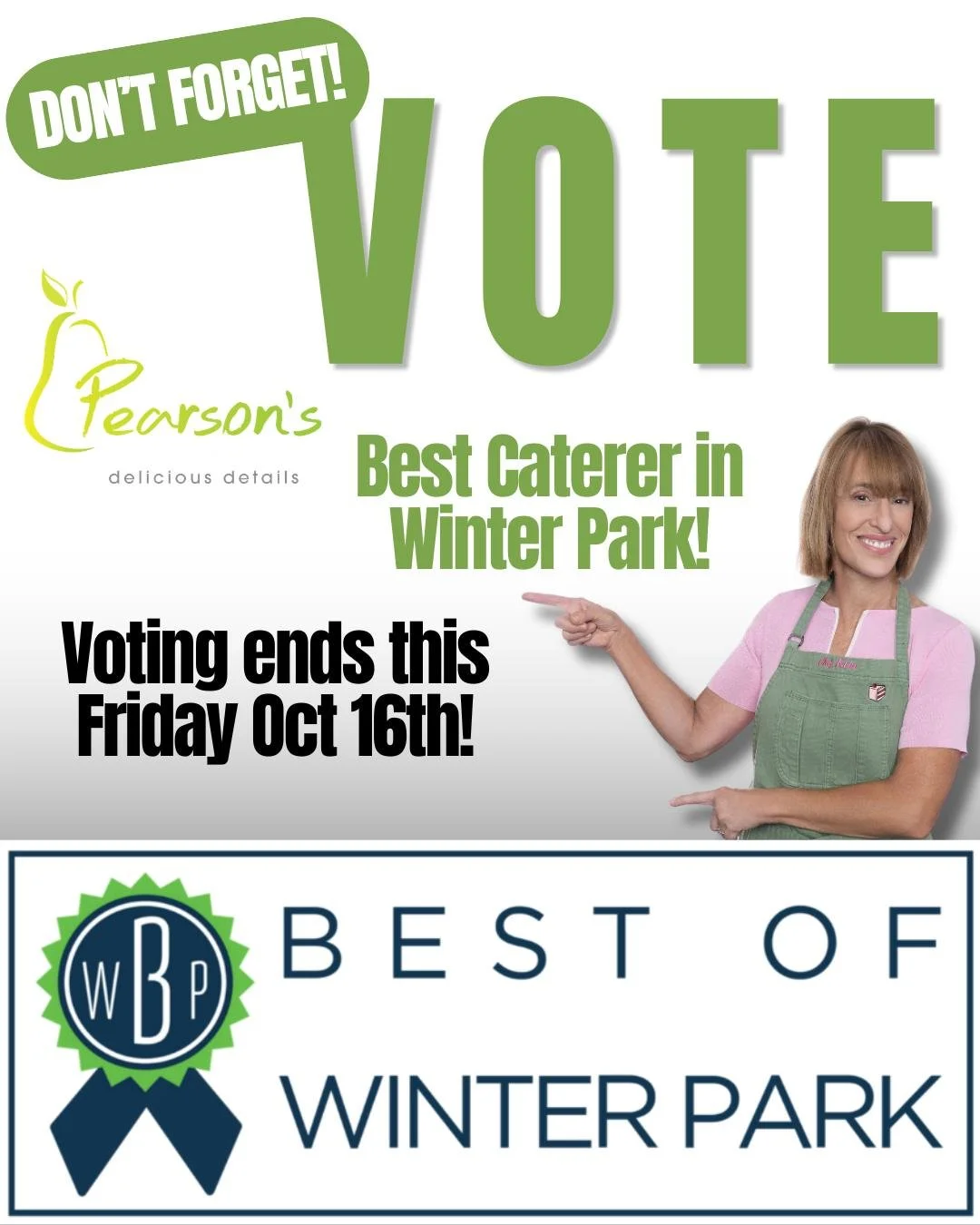 Don't forget, Winter Park! Voting ends THIS FRIDAY! 

Pearson&rsquo;s Catering has been nominated for Best Caterer in Winter Park, and there&rsquo;s still time to show your support!

From weddings and celebrations to corporate events and special gath