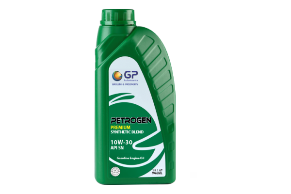 Green bottle of GP petroleum gasoline engine oil labeled 'Petrogen Premium Synthetic Blend 10W-30 API SN, Gasoline Engine Oil'