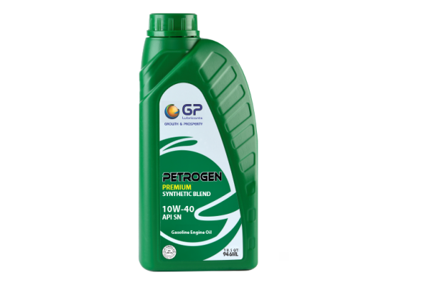 Green bottle of GP Petrologen Premium Synthetic Blend gasoline engine oil with label displaying oil specifications 10W-40.