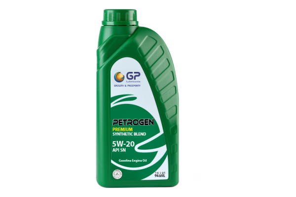 Green bottle of gasoline engine oil labeled GP Petrolgen Premium Synthetic Blend 5W-20 API SN, 944 ml.