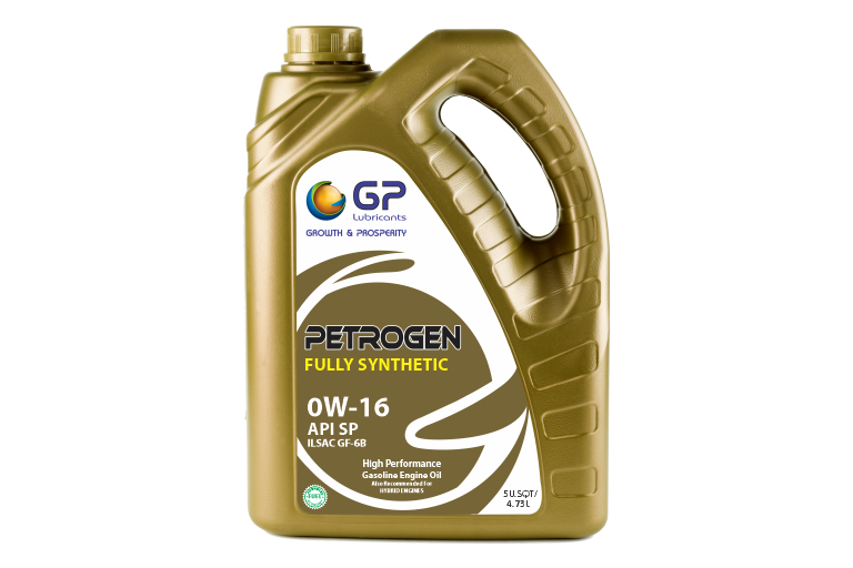 Golden container of GP Lubricants petroleum fully synthetic 0W-16 engine oil with a white and black label, blue cap, and handle.