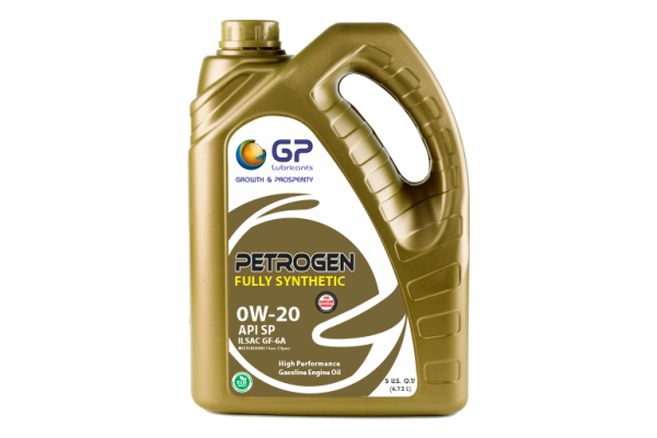 Gold plastic container of GP Petroleum fully synthetic 0W-20 API SP engine oil.