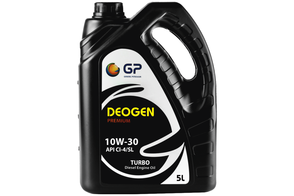 Black bottle of Deogen premium diesel engine oil with a white label, showing 10W-30 viscosity, 5-liter capacity, and turbo diesel specifications.