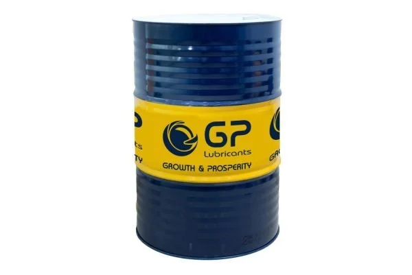 A blue metal drum with a yellow band and black text, featuring the logo 'GP Lubricants' and the words 'Growth & Prosperity.'