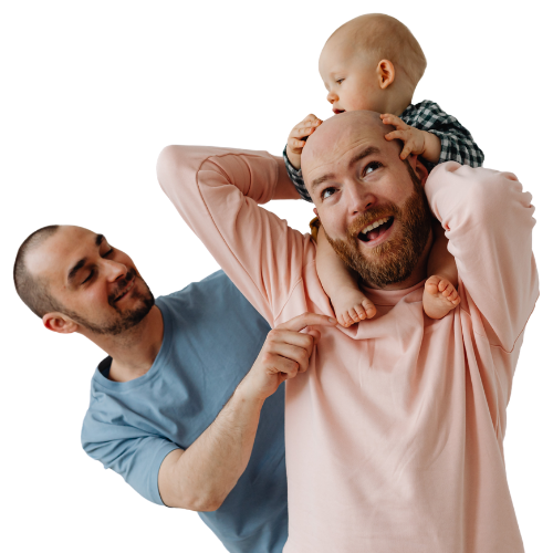 gay dads with baby at adrouny village wellness in san jose