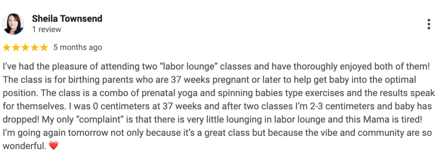 prenatal exercise client testimonial for labor lounge at adrouny village wellness