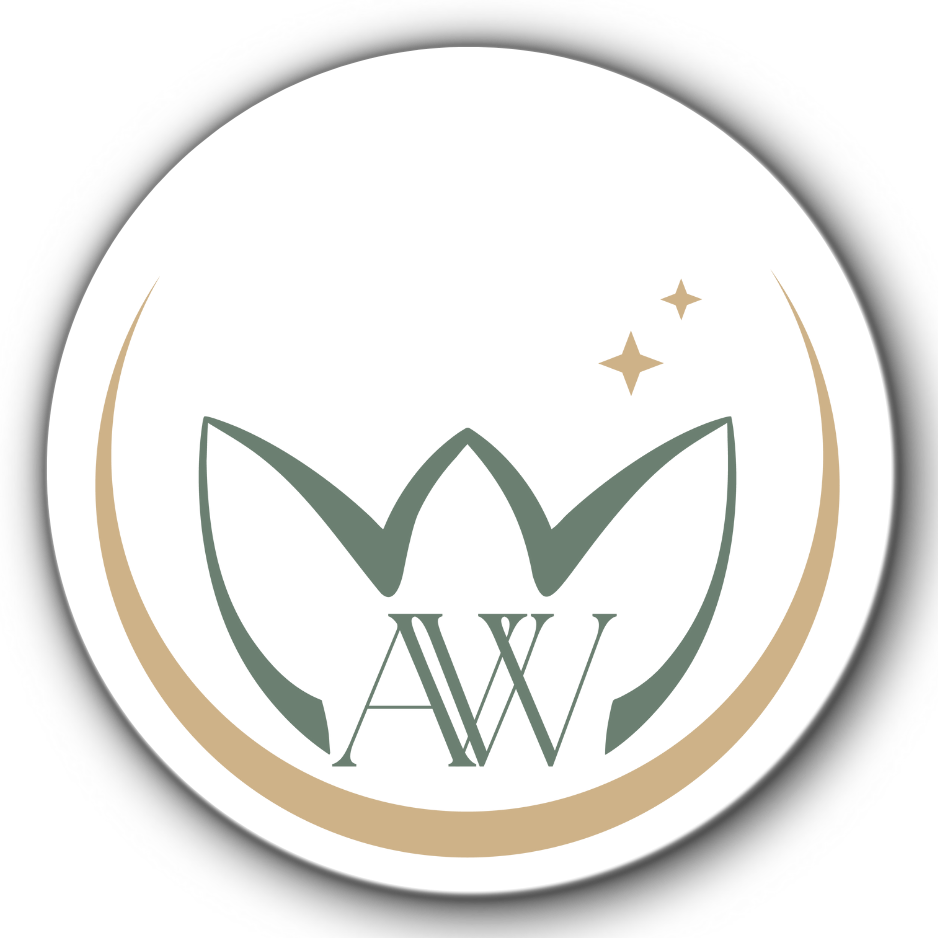 avw inside a simple lotus flower with a tan horseshoe curve and two sparkle stars for adrouny village wellness san jose logo