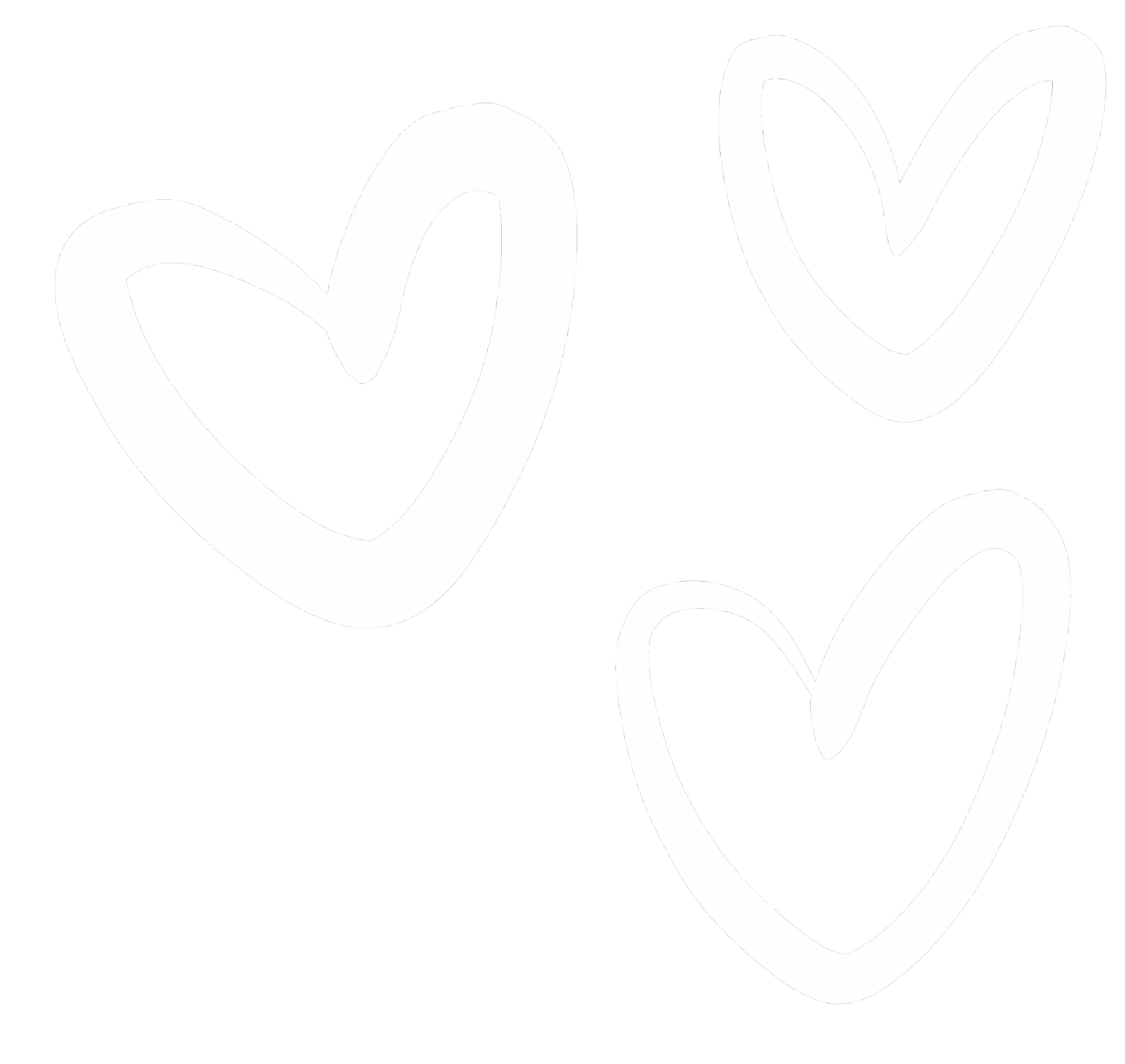 Three hand-drawn white hearts of different sizes on a black background.