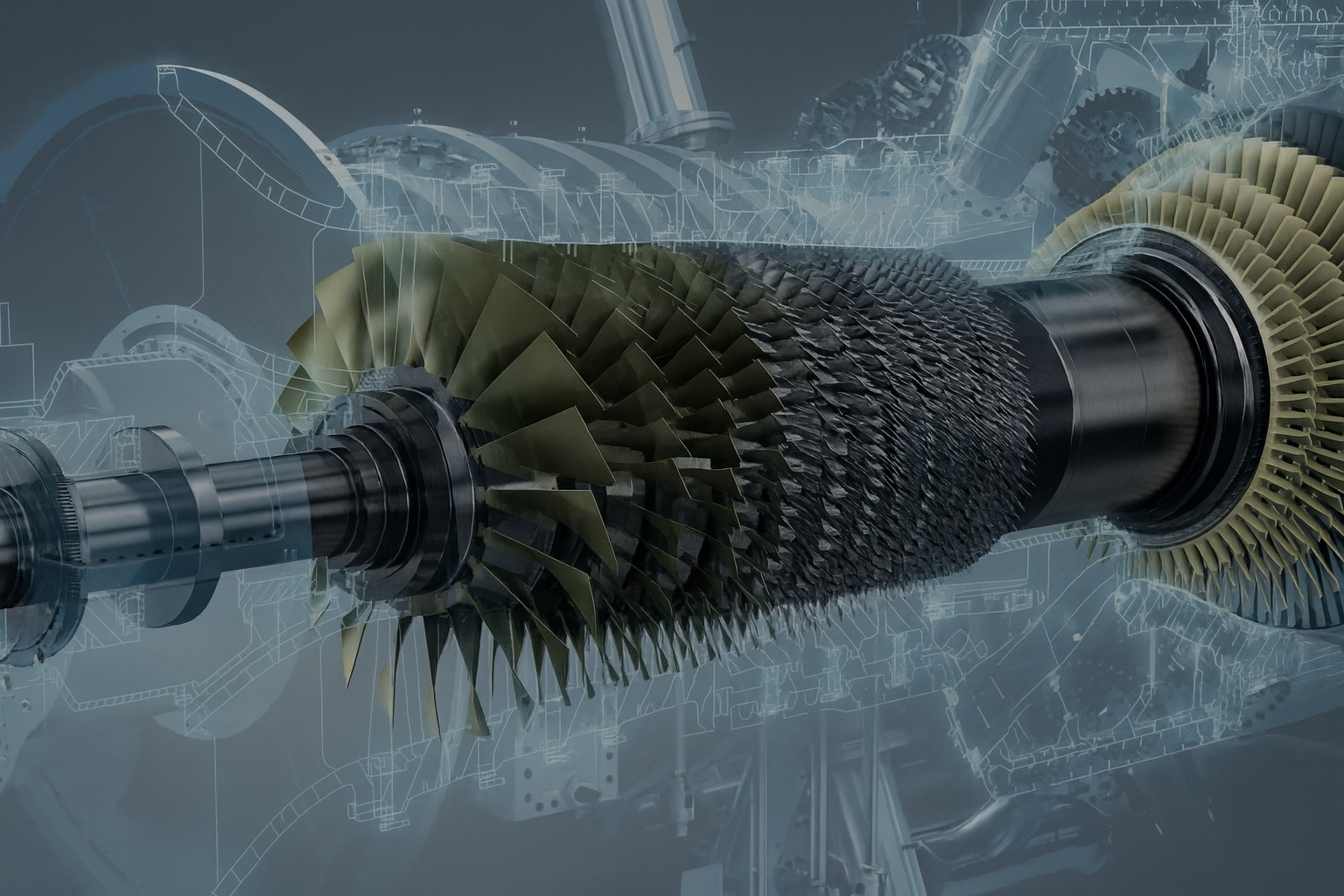 A computer-generated diagram of a jet engine's interior components.