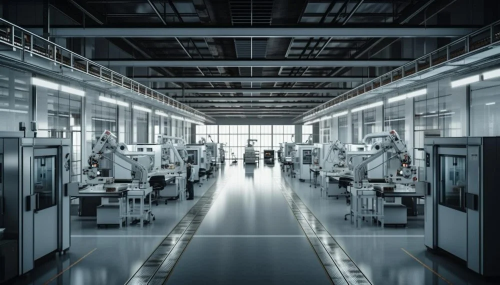 A modern industrial manufacturing facility with robotic arms and automation equipment, brightly lit with large windows at the end.
