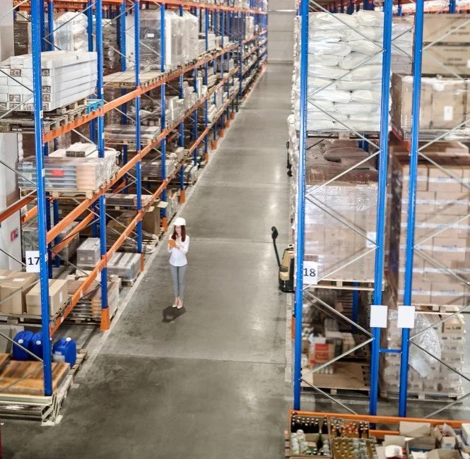 A woman standing in the aisle of a warehouse with blue and orange shelving filled with boxes and supplies.