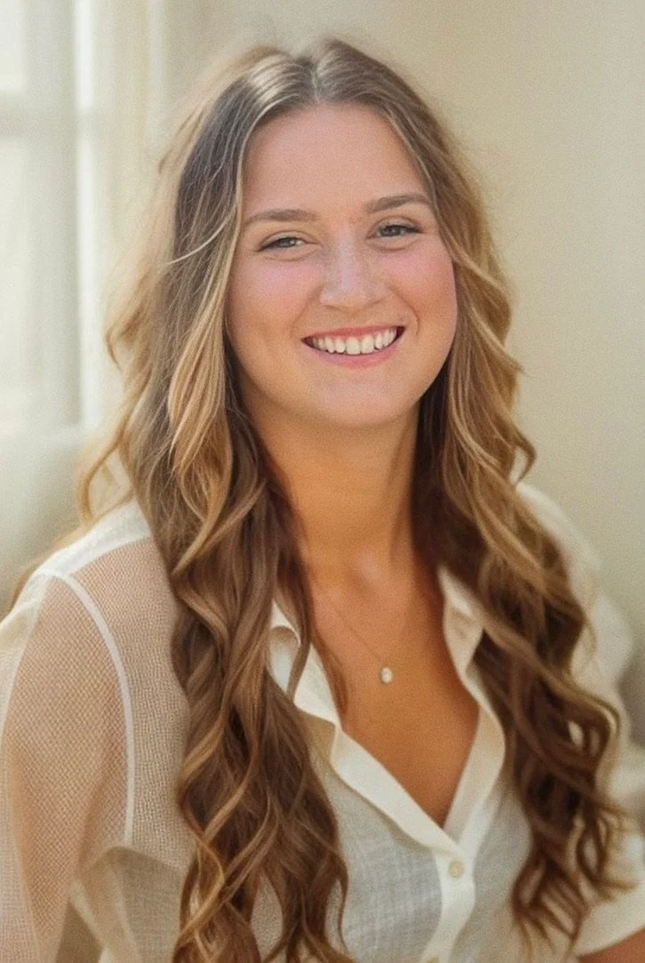 A young woman with long, wavy blonde hair smiling, wearing a white top with a necklace, indoors near a window