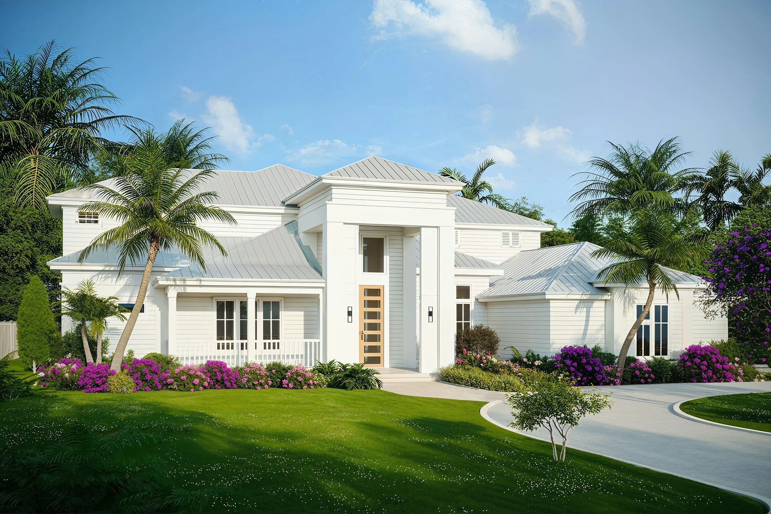 A modern white house with a metal roof surrounded by palm trees and colorful flowering shrubs on a bright sunny day.