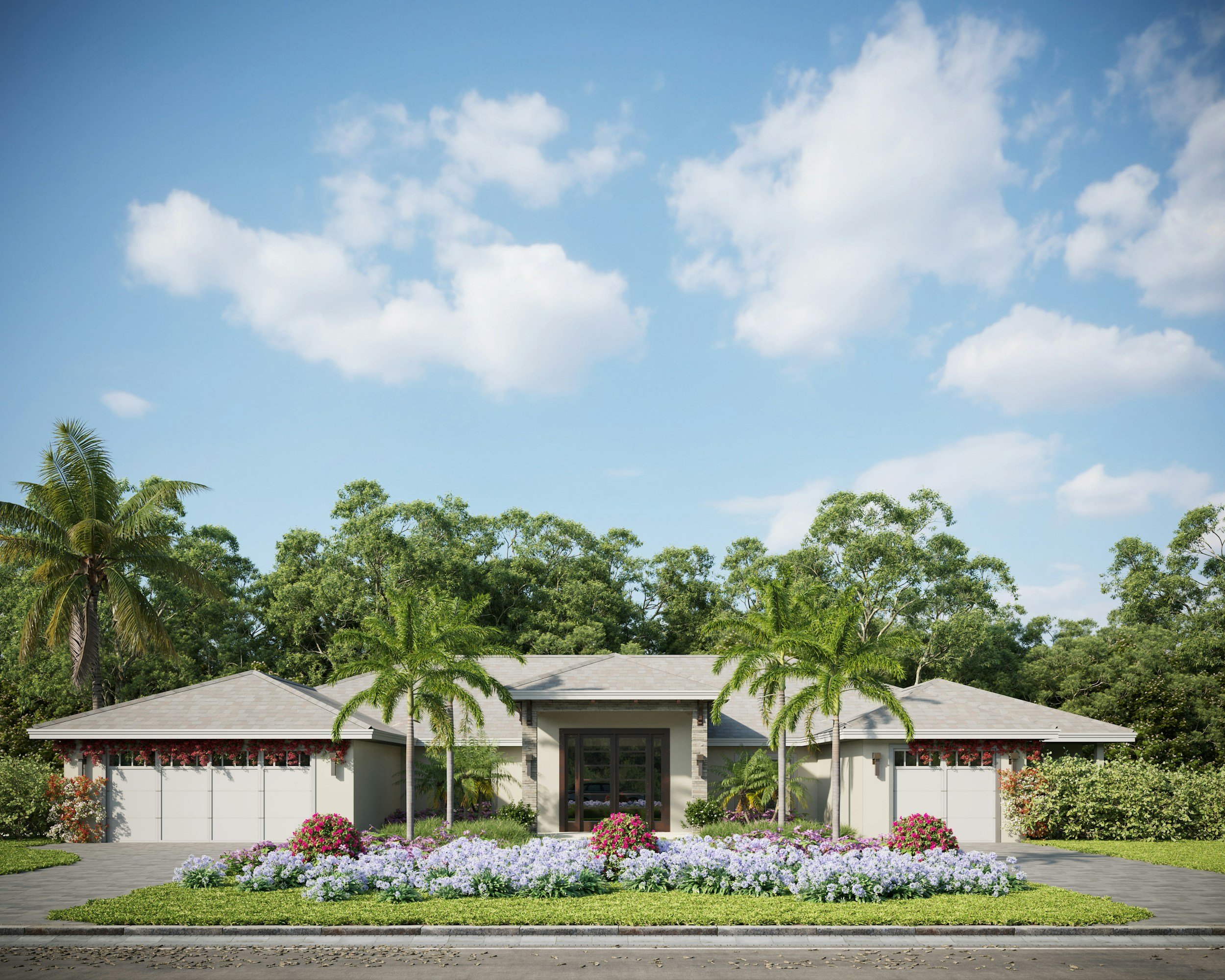 A modern house with a flat roof surrounded by tropical palm trees and vibrant flower gardens, under a partly cloudy blue sky.