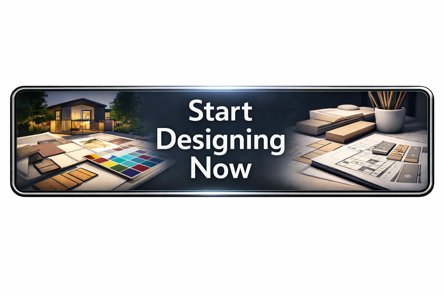 Digital banner with the text "Start Designing Now" over images of home interior and exterior design materials, including paint samples, flooring options, and architectural plans.