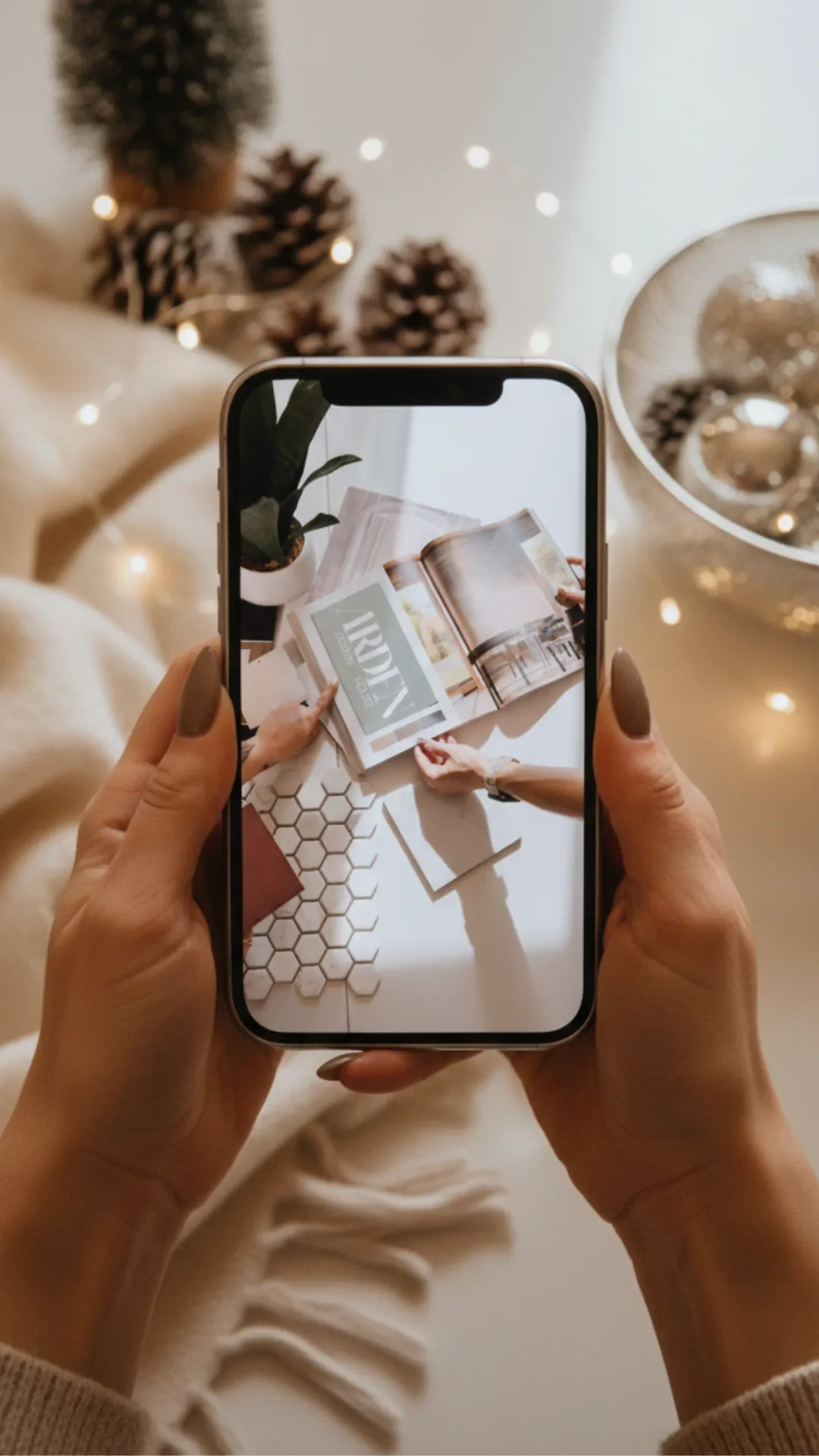Person taking a photo of a magazine on a table, capturing the same scene on their phone's screen with pinecones, a plant, and Christmas lights in the background.