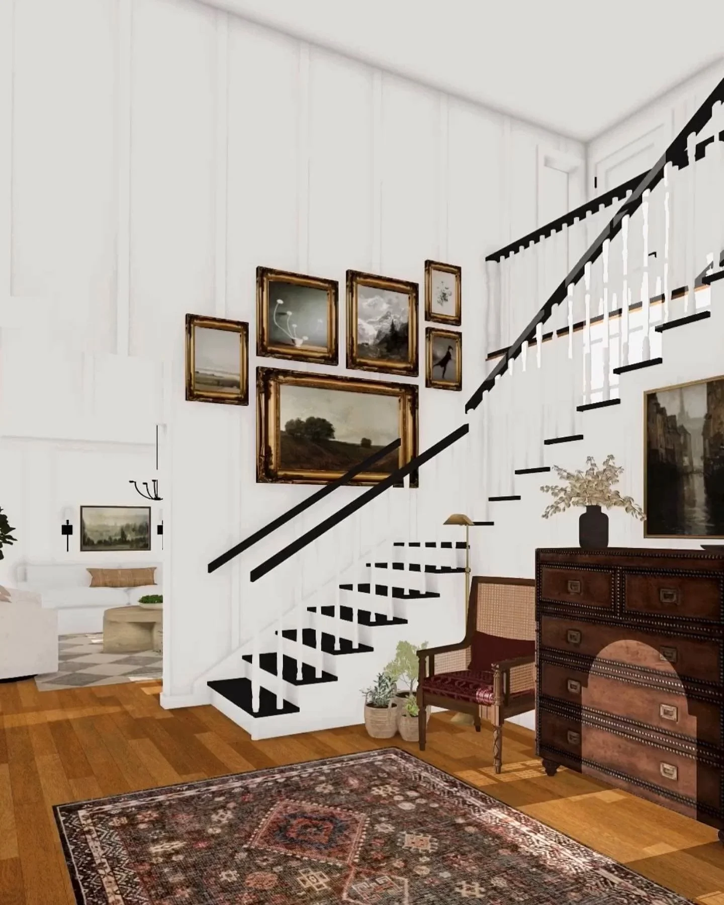 Living room with white walls, wooden floor, antique dresser, armchair, zippered upholstered seat, plant, gallery wall with framed landscape paintings, staircase with black railing and white spindles, and doorway leading to another room.