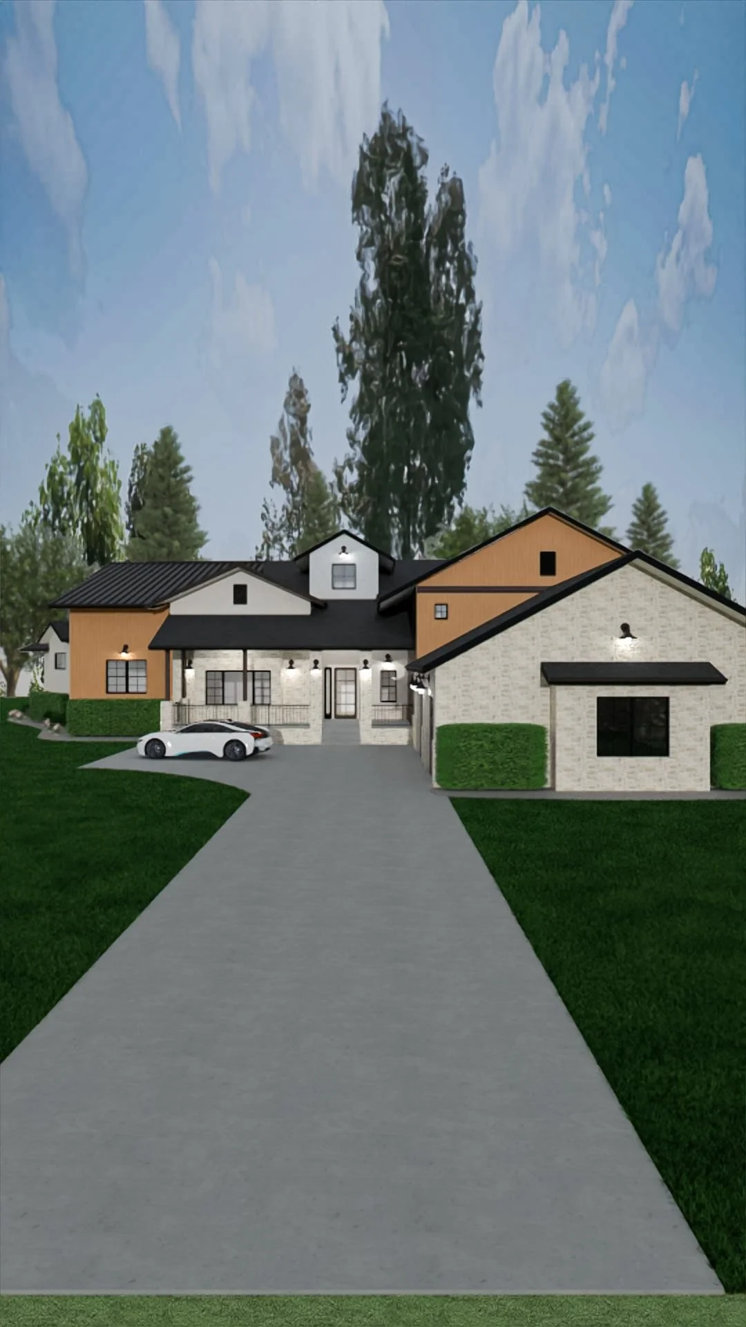 Digital rendering of a modern house with a driveway, surrounded by green lawns, several trees, and a blue sky with clouds.