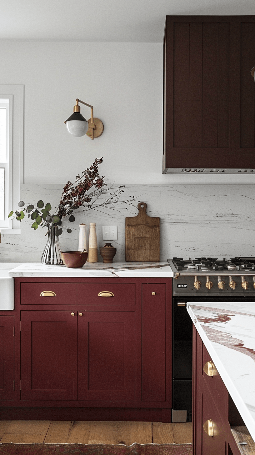 Kitchen with red cabinets, a white marble countertop with gray veining, a gas stove, decorative vases, cutting board, and dried flowers in a vase, illuminated by a wall-mounted lamp next to a window.