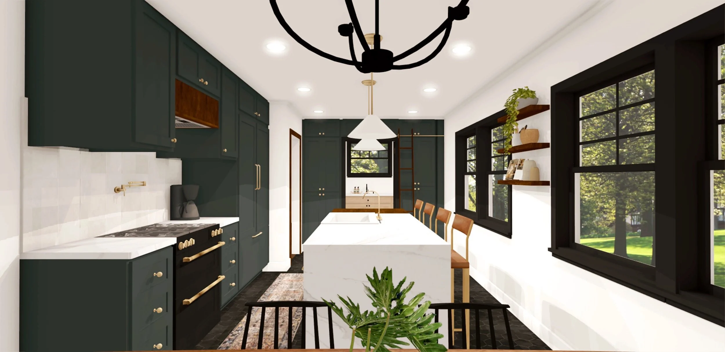 Modern kitchen with dark green cabinets, white countertops, black-framed windows, a white island with seating, and wooden shelves with decorative items, overlooking a green outdoor view.