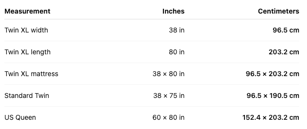 Chart helping to convert US bed sizes from inches to centimeters