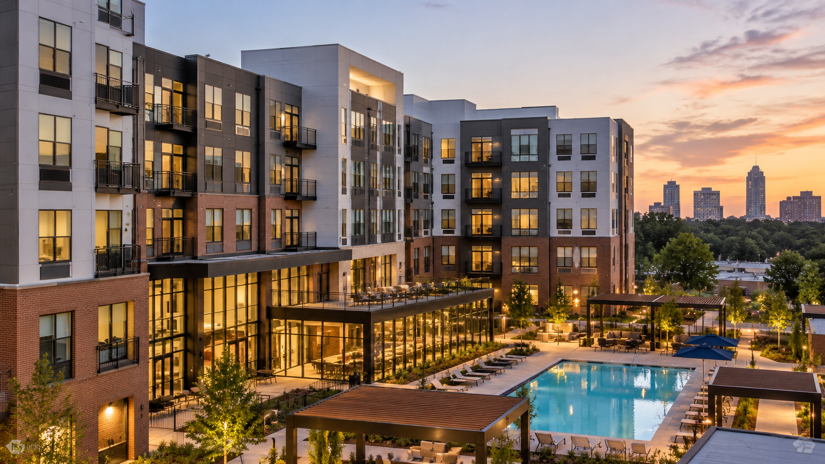Modern Student Housing Courtyard at Sunset.png