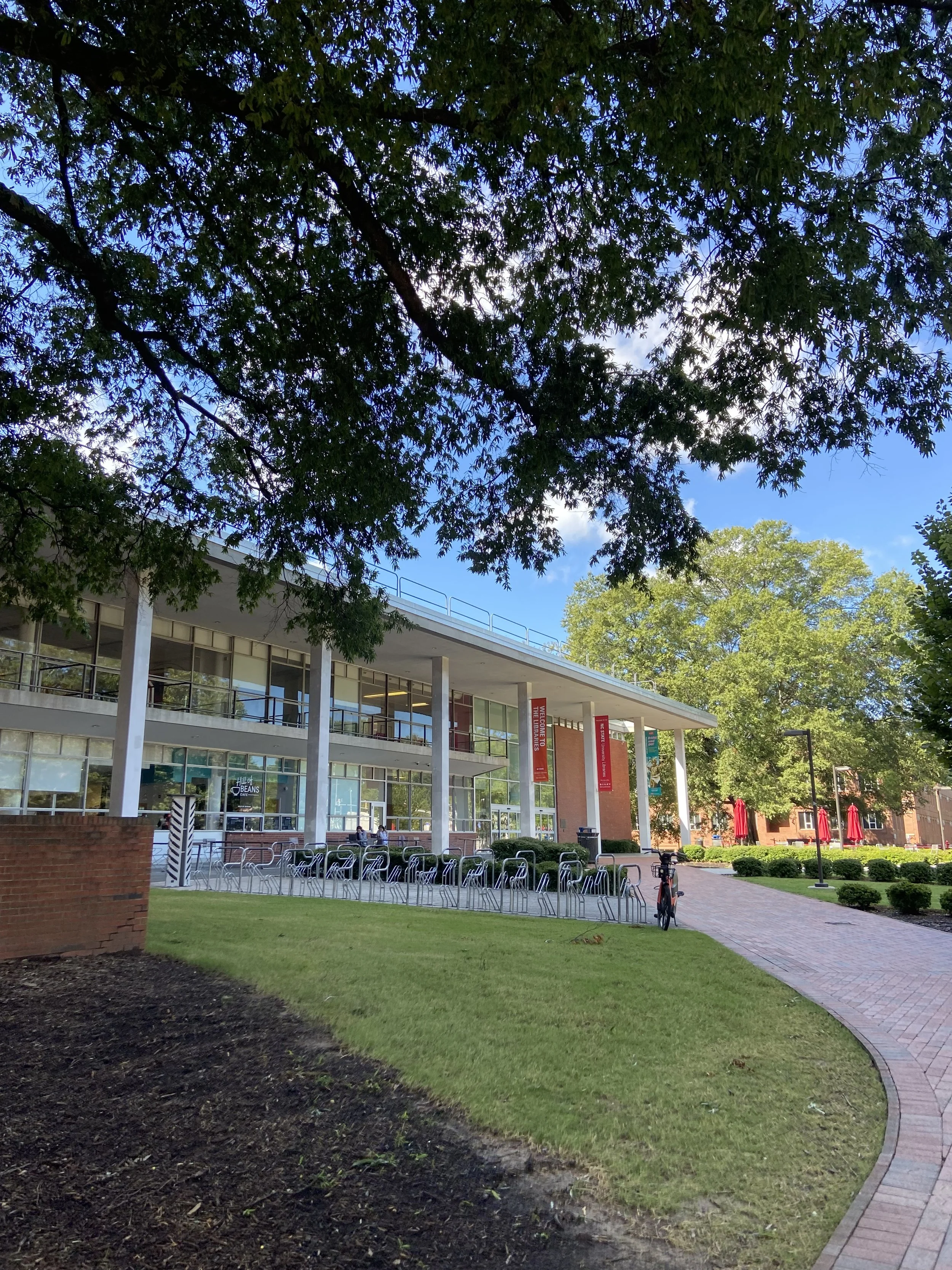 Exterior view of the NC State modern Library with large glass windows, surrounded by green trees, a brick walkway, and outdoor seating with red umbrellas.