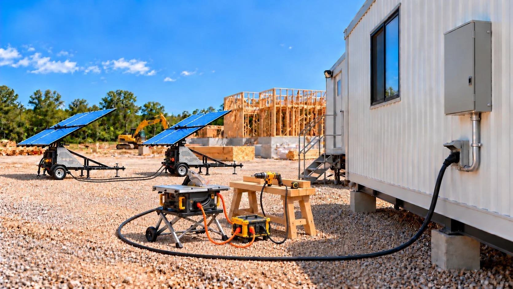 Construction site with solar panel mobile power units, a portable workbench, a portable power saw, and a house under construction in the background.