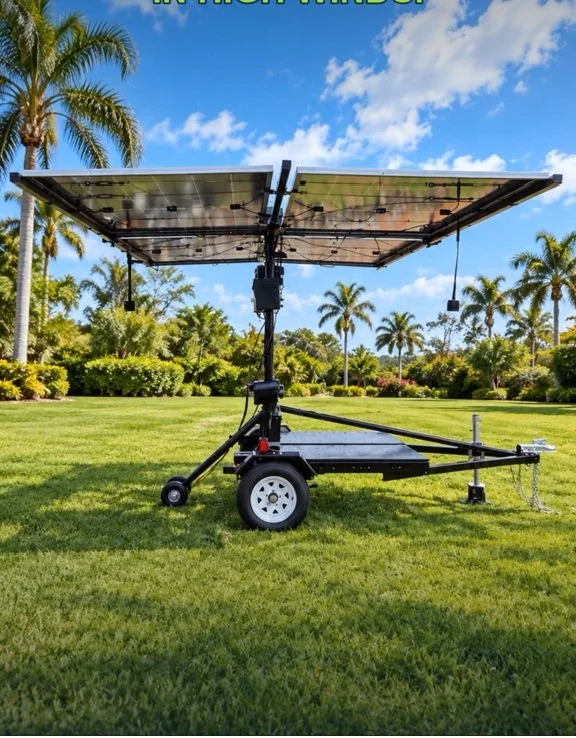 Mobile solar panel setup on a grassy field with palm trees and a blue sky in the background.