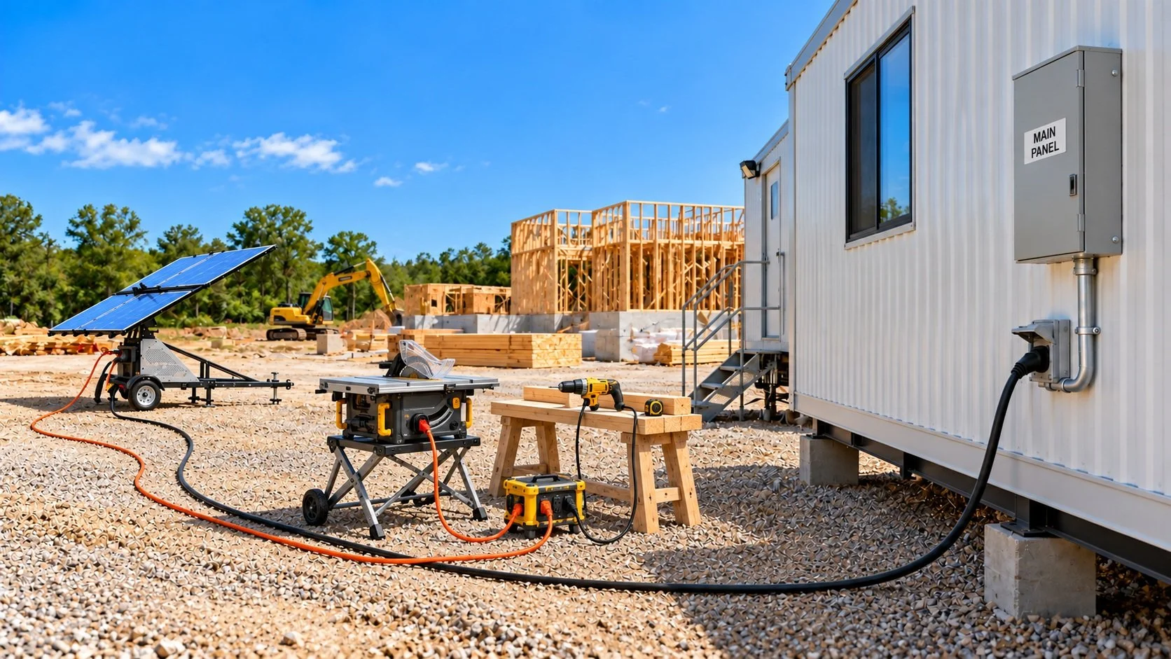 Construction site with a solar panel, portable power tools, and a prefabricated building under construction on a gravel surface, with a yellow excavator and wooden framework in the background.