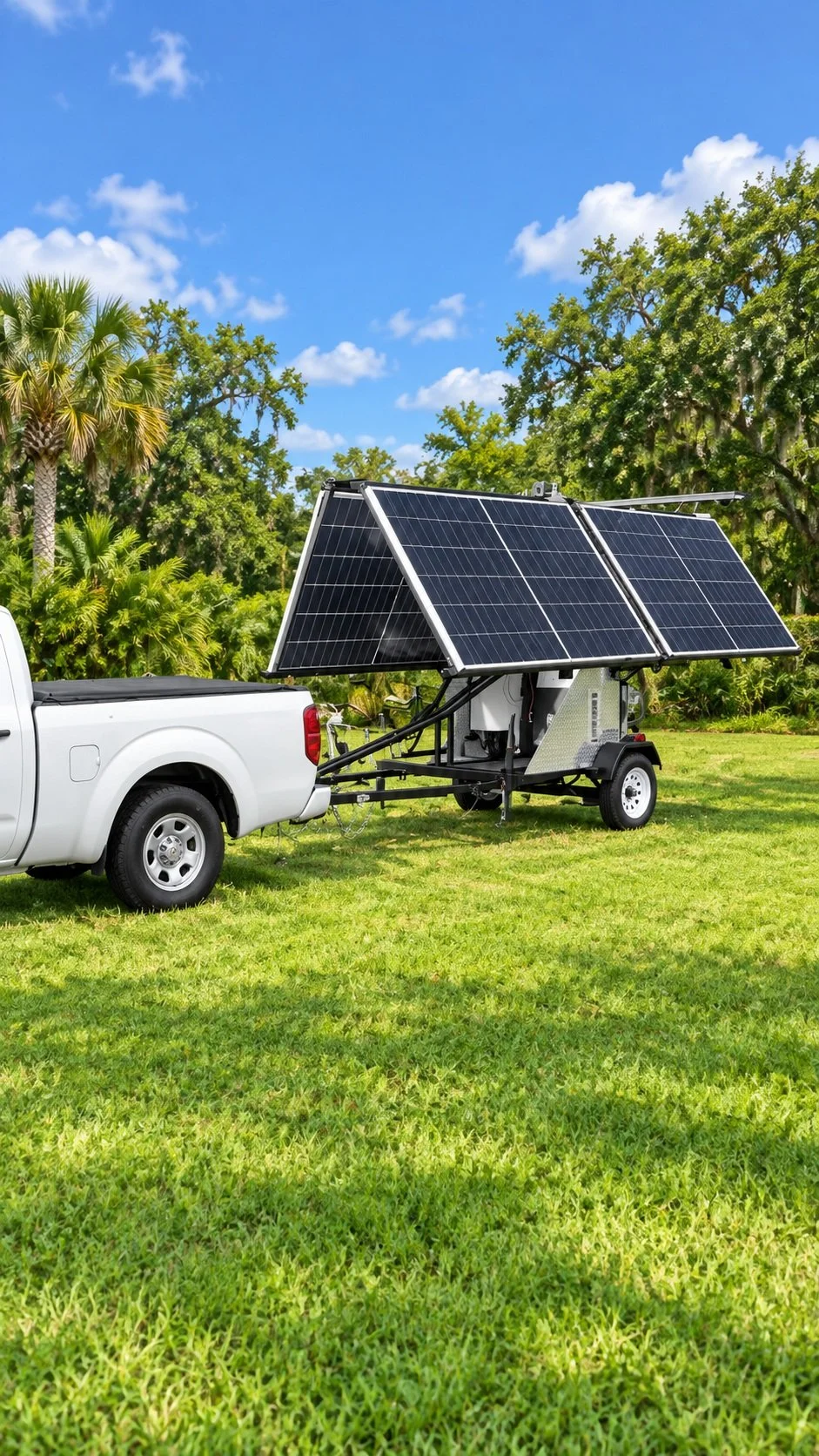 A white pickup truck attached to a trailer with large solar panels mounted on it, set on a grassy field with trees in the background under a blue sky with clouds.