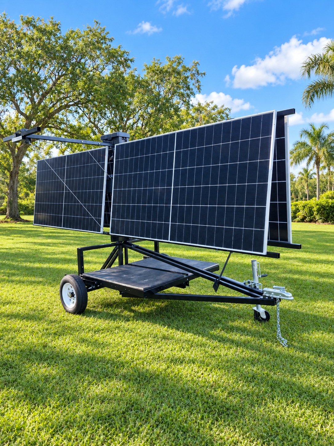 Portable solar panel system outdoors on green grass with trees and blue sky in the background.