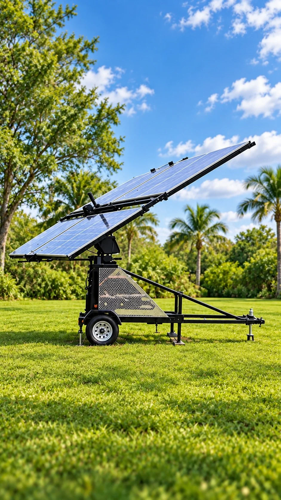 A mobile solar panel array on a grassy field with trees and a blue sky in the background.