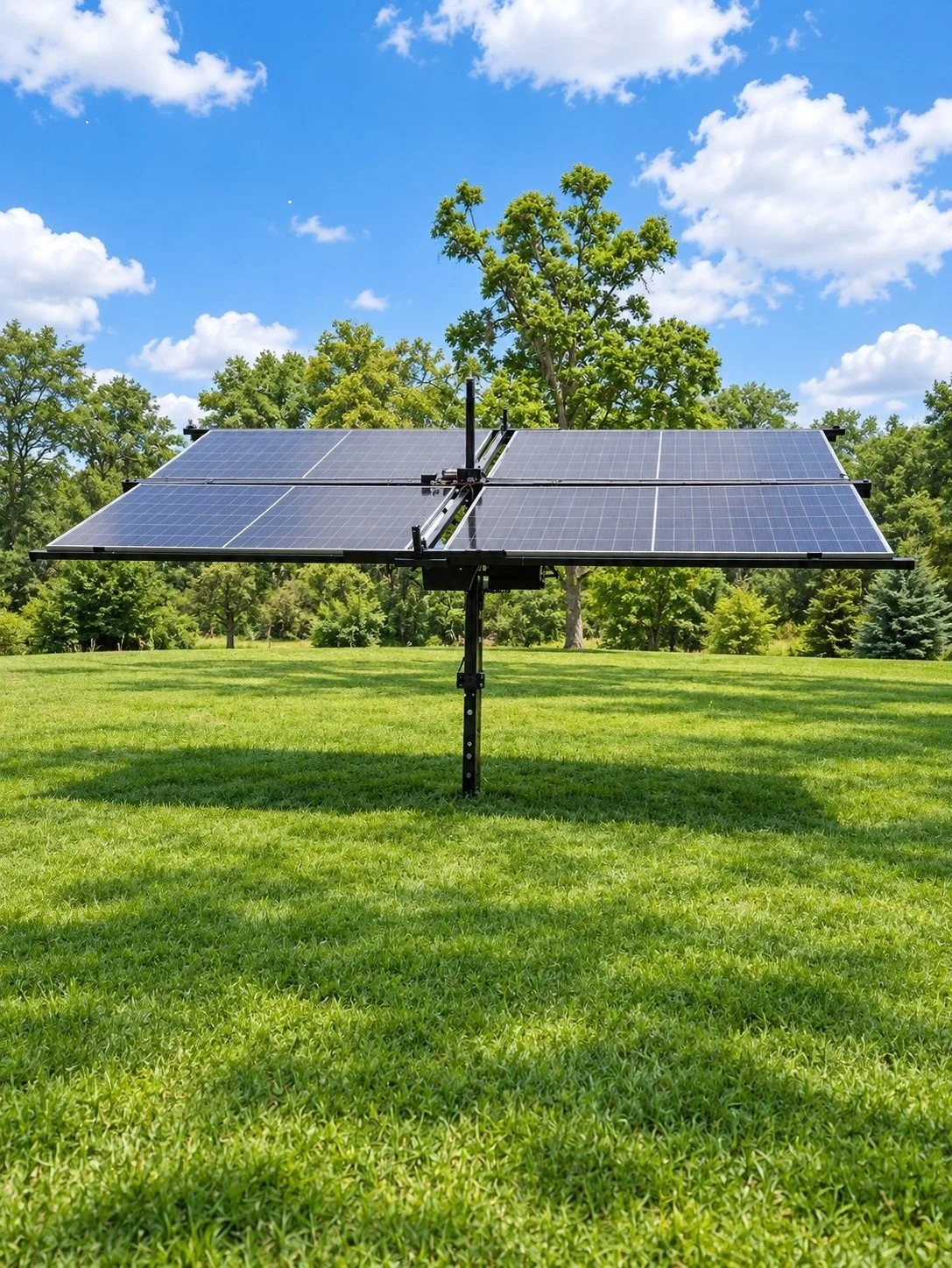 Solar panel array installed on a metal stand in a grassy field under a blue sky with clouds and green trees in the background.